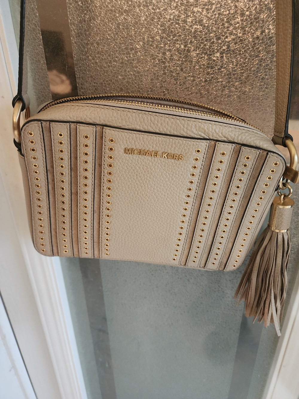 Michael Kors Women's Beige Leather Crossbody Bag with Tassel